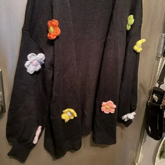 Retro Boho Floral Patched Drop Shoulder Open front Sweater Cardigan - NWOT - Picture 10 of 16